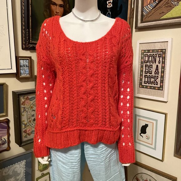 Free People Red Cable Knit Sweater With Eyelet Design For Women Size S - Picture 1 of 6